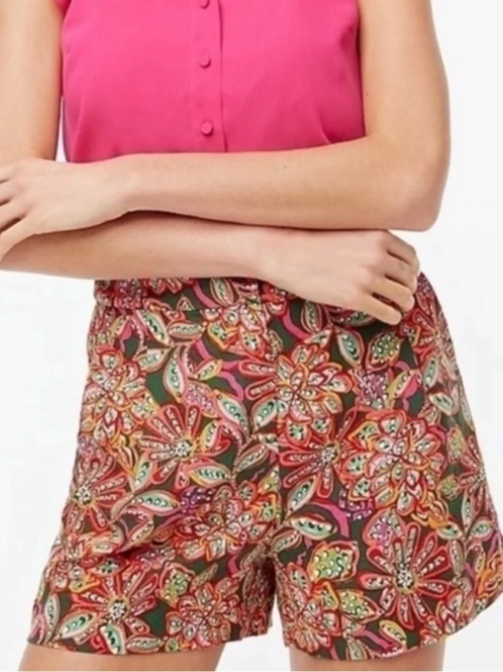 J. Crew Pink Green Orange Navy Floral Print Shorts. Fair Trade Cotton. Size 6